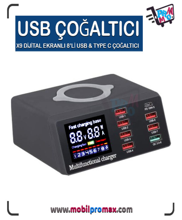 X9 DİJİTAL EKRANLI 8’Lİ USB & TYPE C ÇOĞALTICI